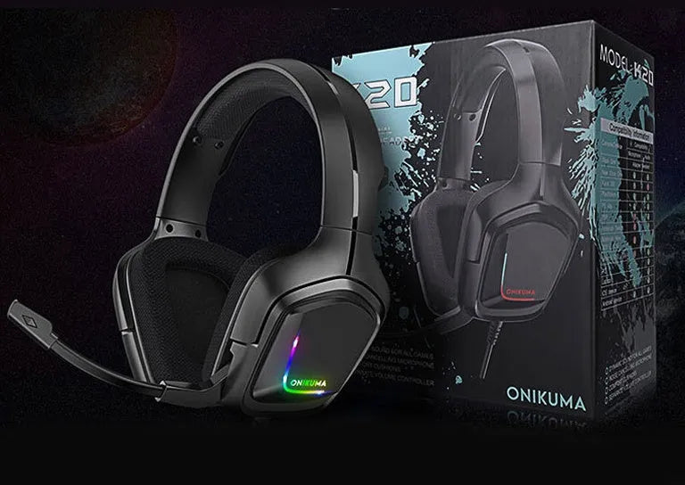 K20 wired RGB gaming headset with microphone and cloth earmuffs in black, camouflage grey, or white