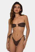 Brown women's two-piece bikini with tube top featuring a ring tether and split-style bottom.