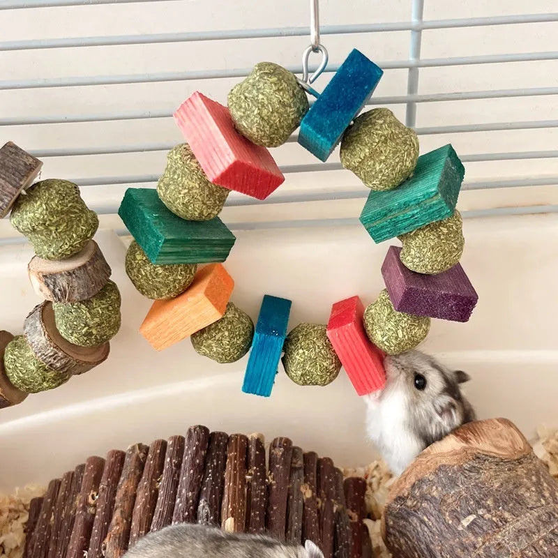 Decorative straw ball ring chew toy for small pets like hamsters, shown in sequin and applewood designs.