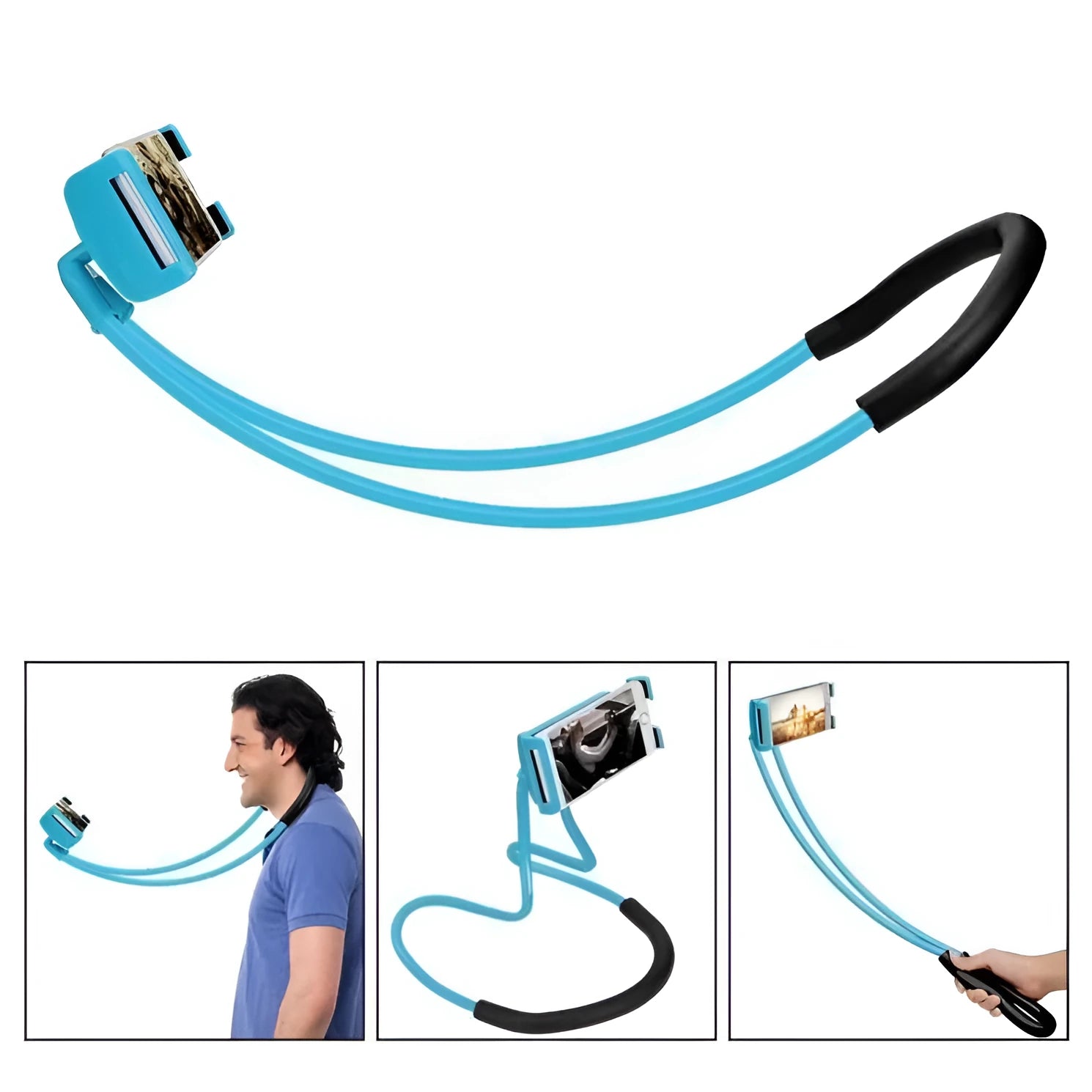 Universal smartphone holder showing 360-degree rotation, compatible with iPhone and Samsung phones, in multiple colours.