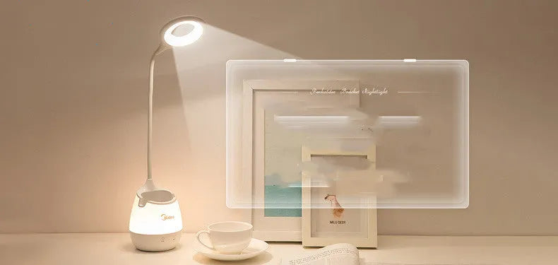 Green rechargeable table lamp with touch switch and USB charging port on wooden desk