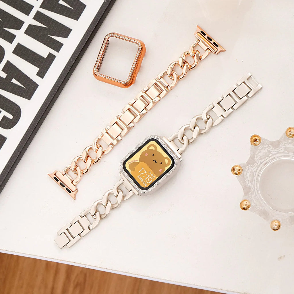 Metal denim chain watch strap for Apple Watch in silver, black, gold, rose gold, or starlight colour.