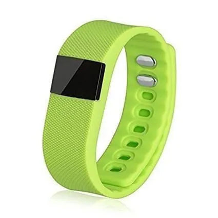 Ordinary plastic and ABS bracelet pedometer on wrist, showing black, blue, green, orange, and yellow colour options.