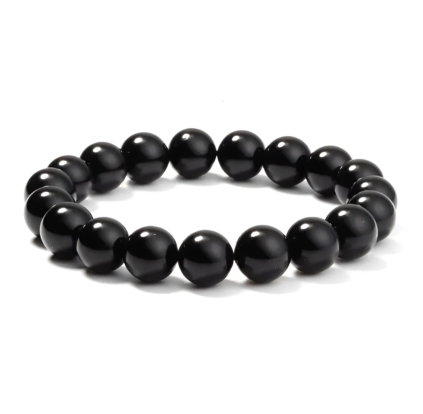 Geometric black onyx bead bracelet for women with elastic cord.