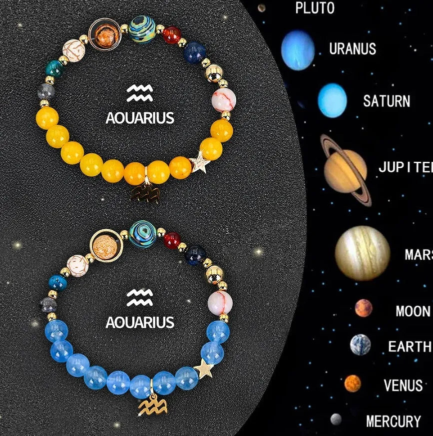 Natural stone beaded zodiac bracelet set showing adjustable elastic cord and twelve astrology sign designs