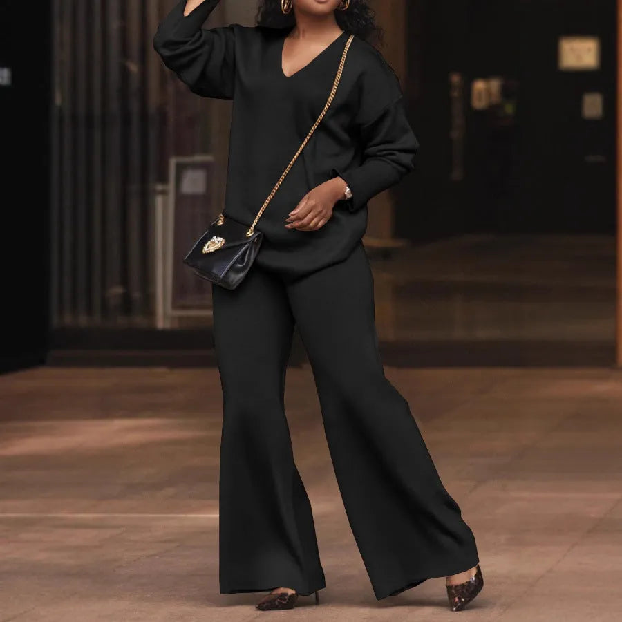 Women's brown thickened suede two-piece suit with split sleeves and matching trousers