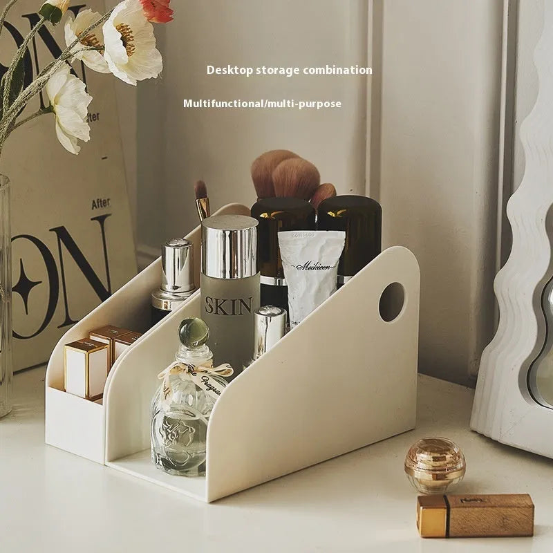 Plastic desktop storage box with two internal grid layers in milk coffee colour