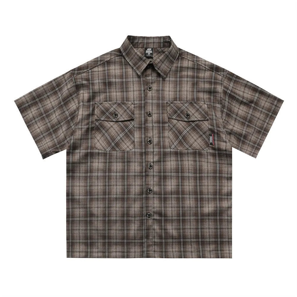 Men's short sleeve plaid shirt with letter embroidery and lapel collar in black or brown cotton blend fabric
