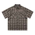 Men's short sleeve plaid shirt with letter embroidery and lapel collar in black or brown cotton blend fabric