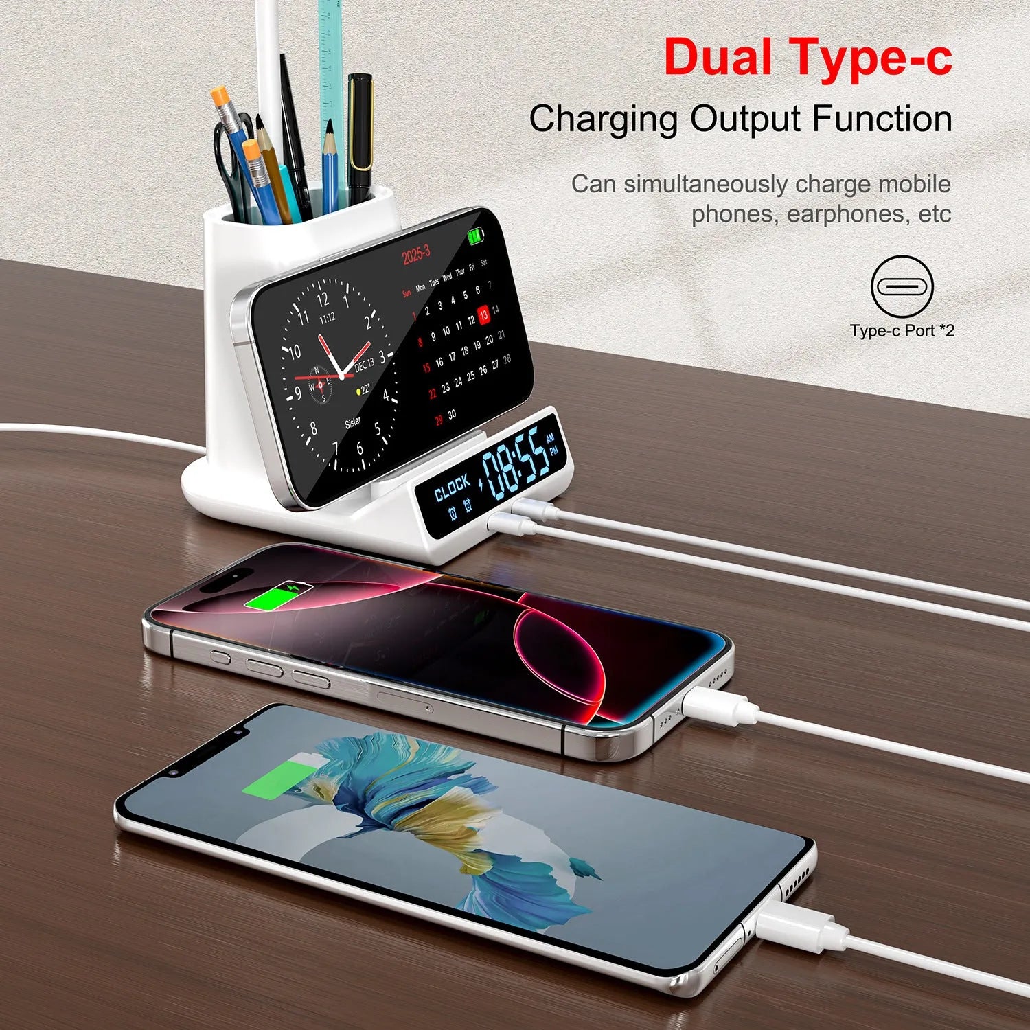 Modern wireless charging desk lamp with integrated pen holder and storage compartments