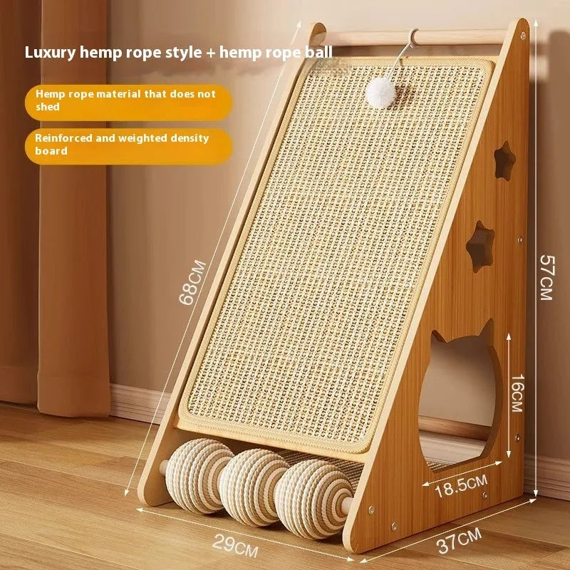 Vertical cat scratch board with funny ball style and hemp rope surface