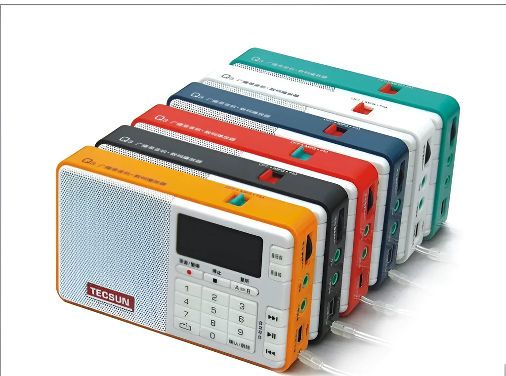 Tecsun Q3 portable digital audio player and FM radio in multiple colours on a white background