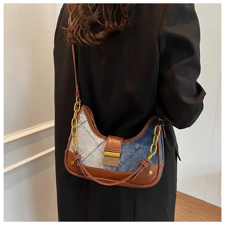 Brown denim women's shoulder bag with diamond chain straps and bucket shape design
