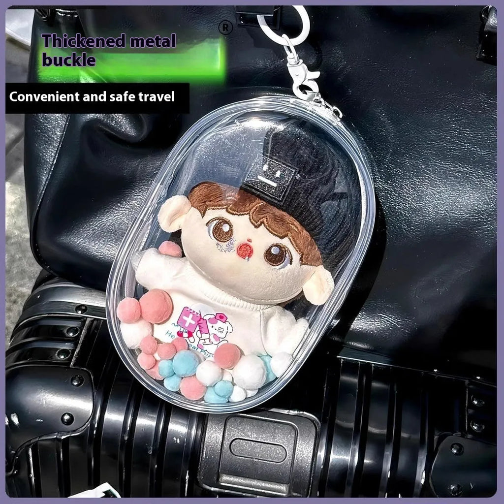 Transparent PVC cube storage bag for cotton dolls with colourful ball keychain in 17cm size.