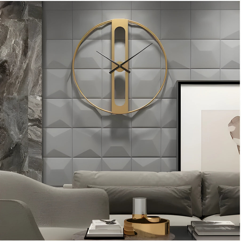 Round metal wall clock with 50cm diameter face in black or gold finish.
