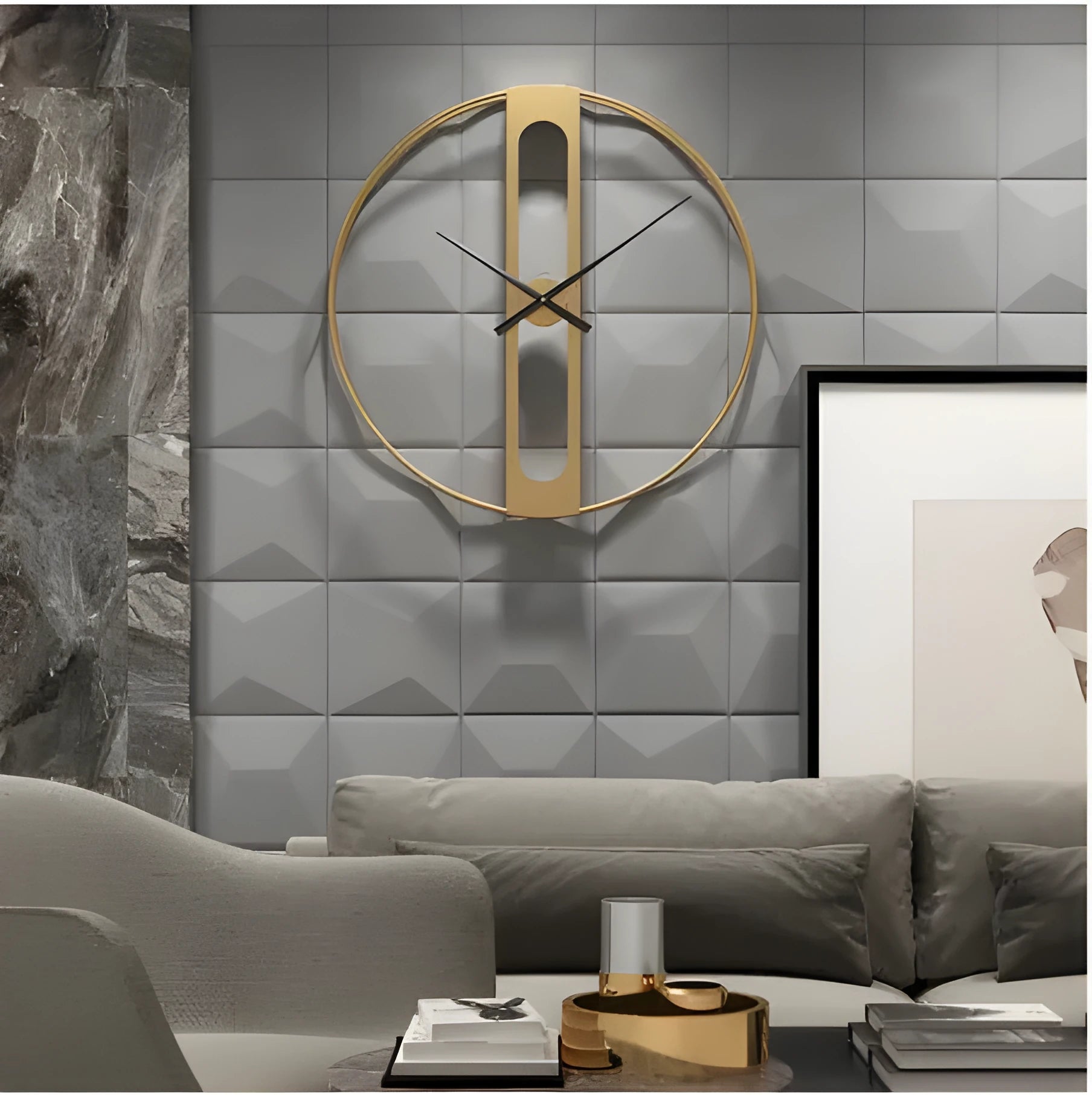 Round metal wall clock with 50cm diameter face in black or gold finish.