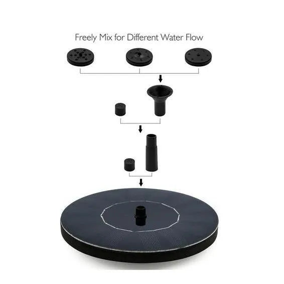 Black solar water fountain pump with solar panel and four spray nozzles for garden ponds