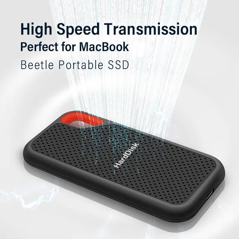 Black portable SSD with USB Type-C 3.1 interface, available in capacities from 500GB to 256TB