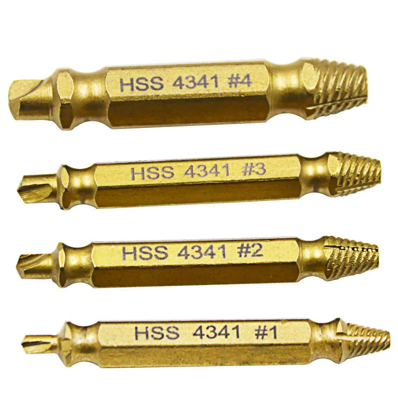5-piece screw extractor set with 4341 high-speed steel construction for removing damaged fasteners