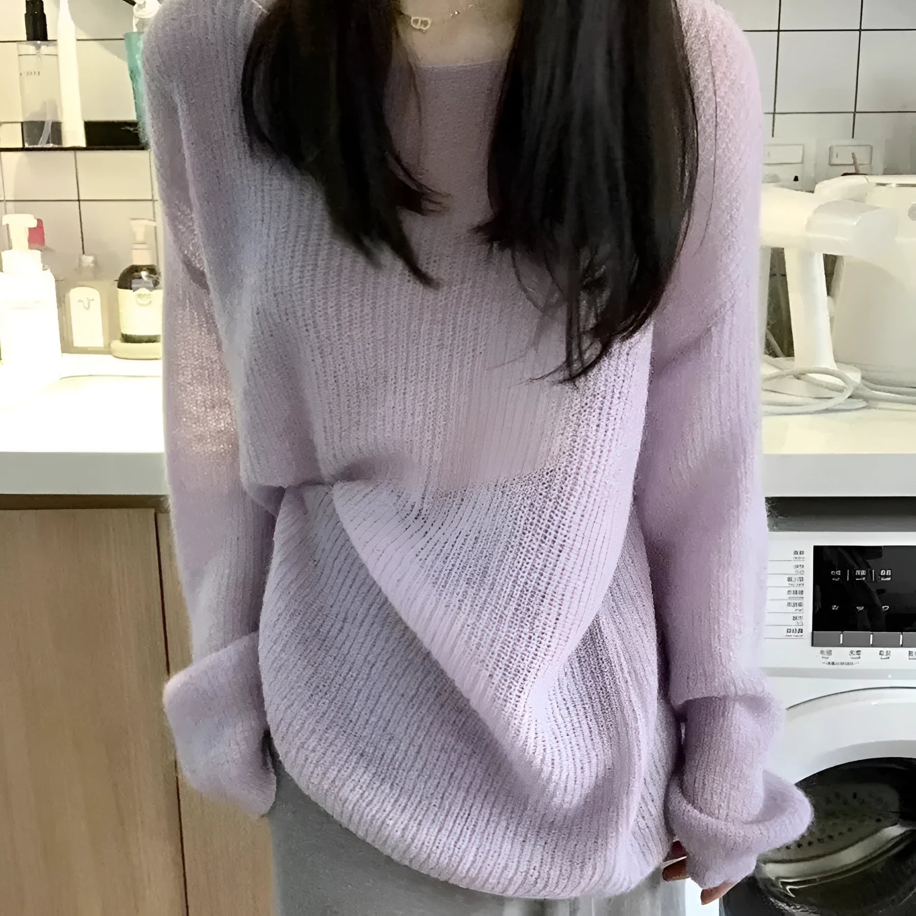 Purple women's blouse with round neck, princess sleeves, and shoulder strap hollow out design