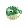 Yellow vinyl fish-shaped dog chew toy with textured surface for aggressive chewers.