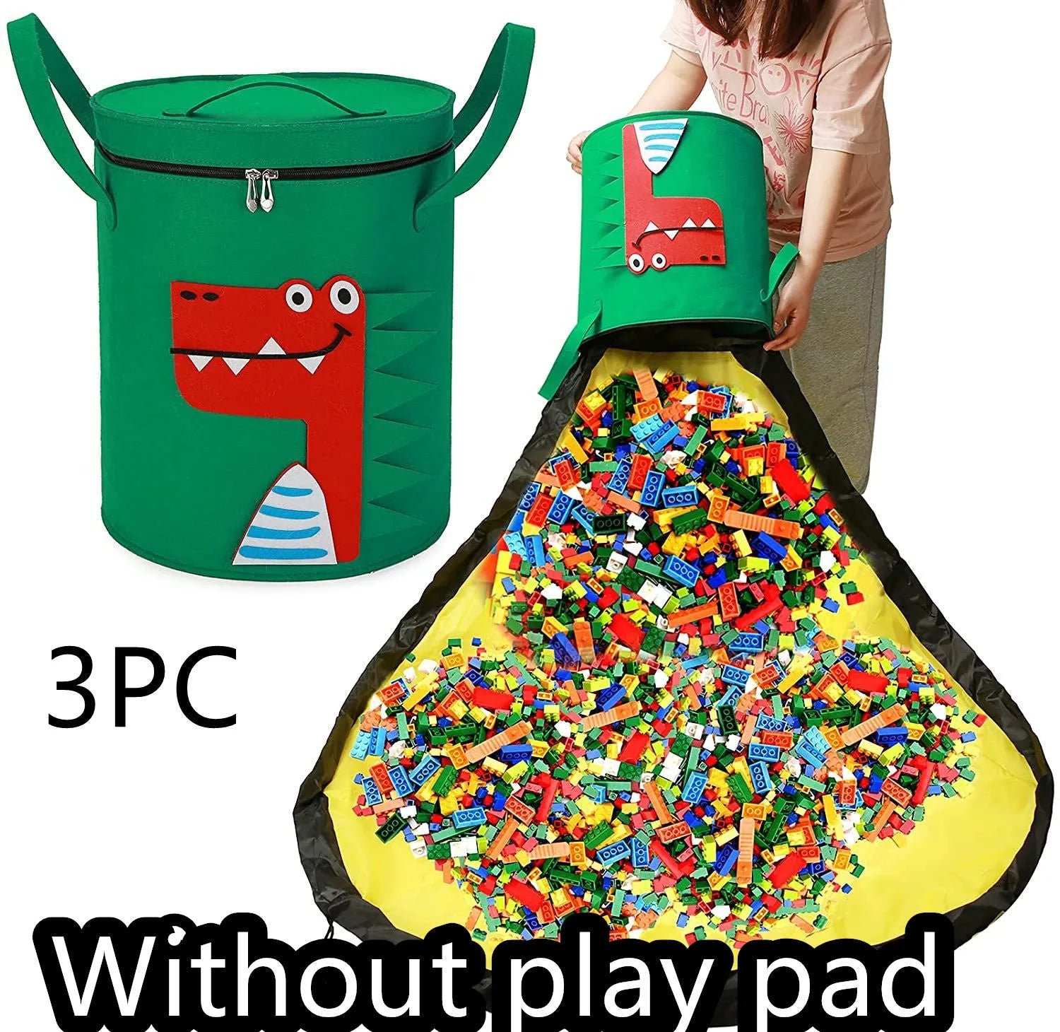 Green felt cube storage bag with pull rope, laid flat as a play mat