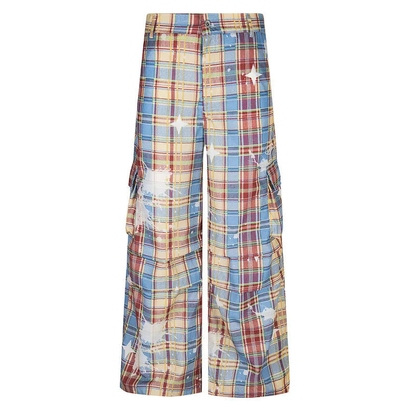 Men's blue plaid casual trousers with loose straight-leg design and mid-waist fit