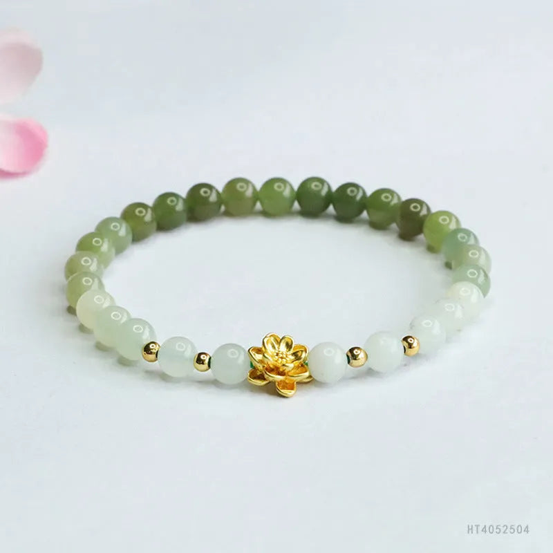 Hand-woven Hetian jade bracelet with sunshine water gradient colour and floral design.