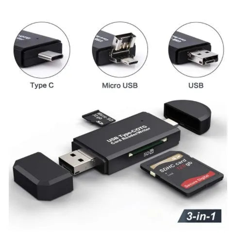 Black USB 3.0 memory card reader with Type-C connector for SD and TF cards