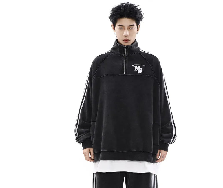 Black stand collar retro sports hoodie with long sleeves in polyester fabric for couple wear