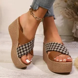 Women's cross leopard plaid wedge sandals with rubber sole in brown and black pattern options