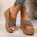 Women's cross leopard plaid wedge sandals with rubber sole in brown and black pattern options