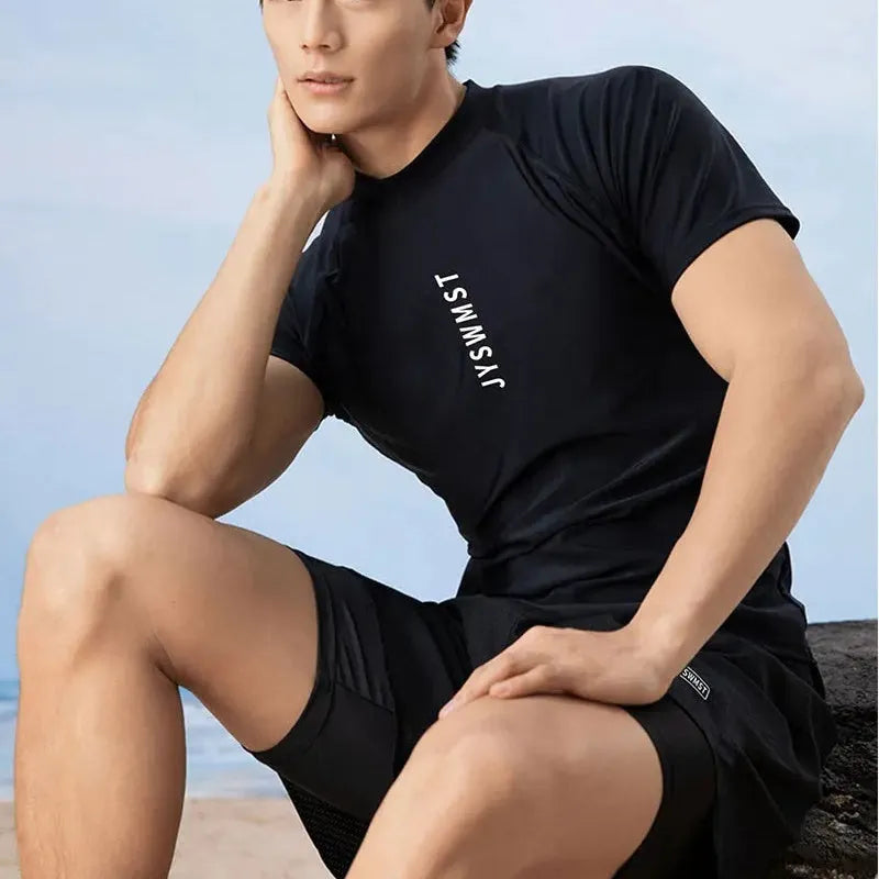 Men's plus size polyester swimsuit set showing top and swimming trunks in various patterns and colours