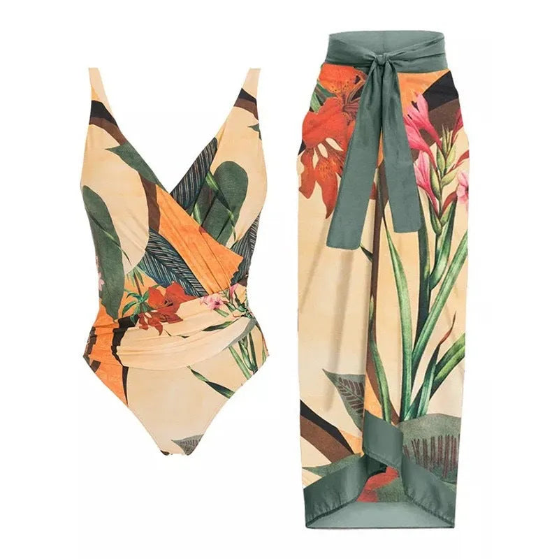 Women's solid colour one-piece swimsuit with spaghetti straps and an attached skirt