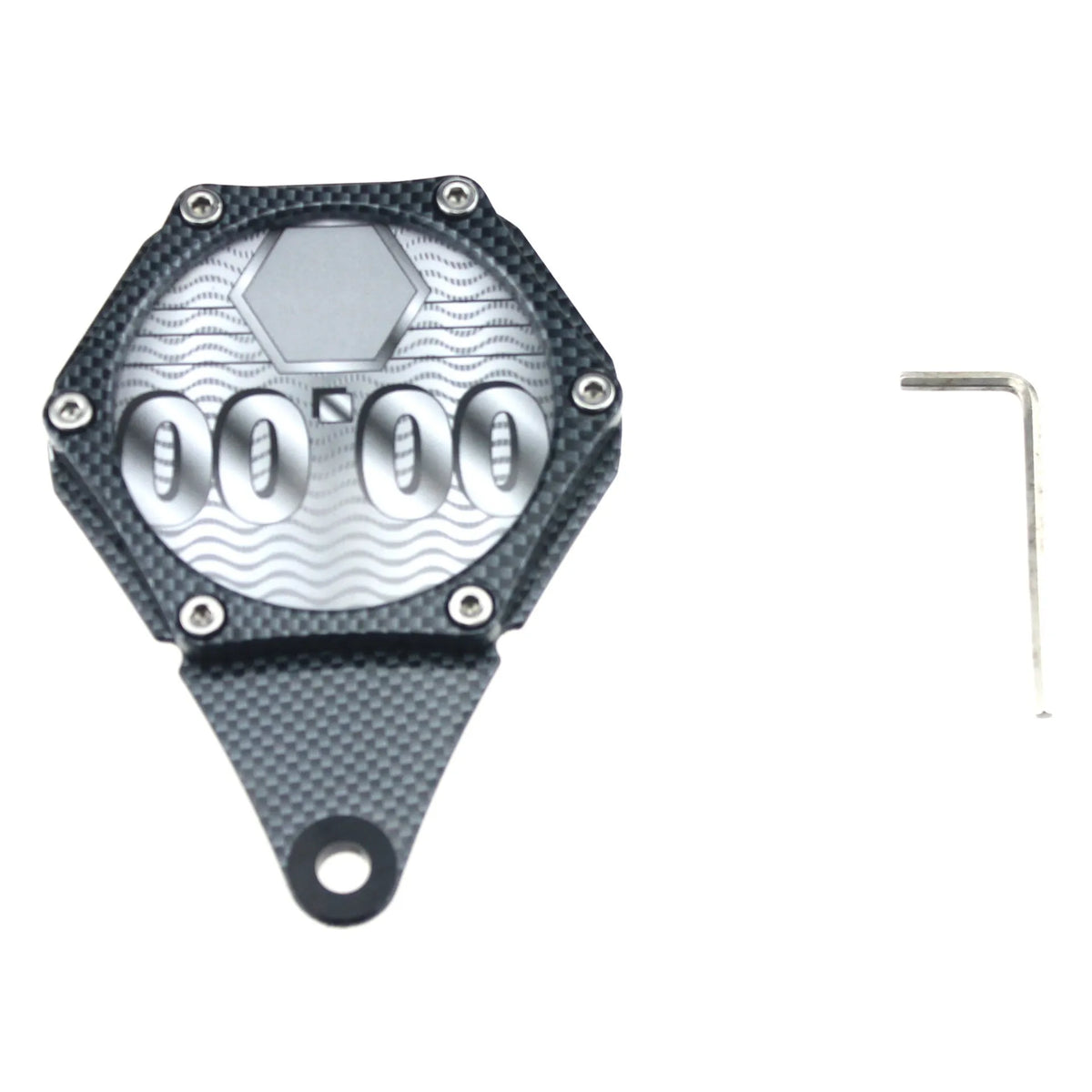 Black carbon fibre pattern motorcycle tax seal with six-corner screw