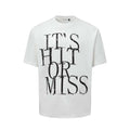 Men's blue American retro letter print loose t-shirt on a hanger.