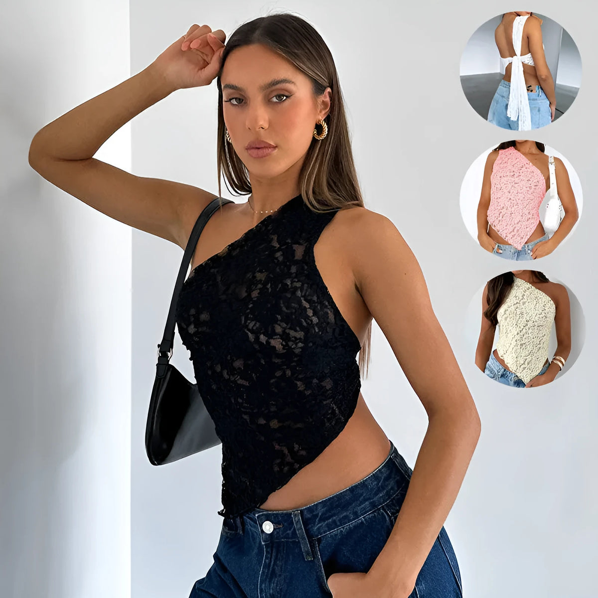 Women's lace backless vest top with asymmetrical neckline in solid colour options