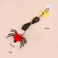 Red cat door hanging toy with swinging elastic rope, feather attachment, and bell spider
