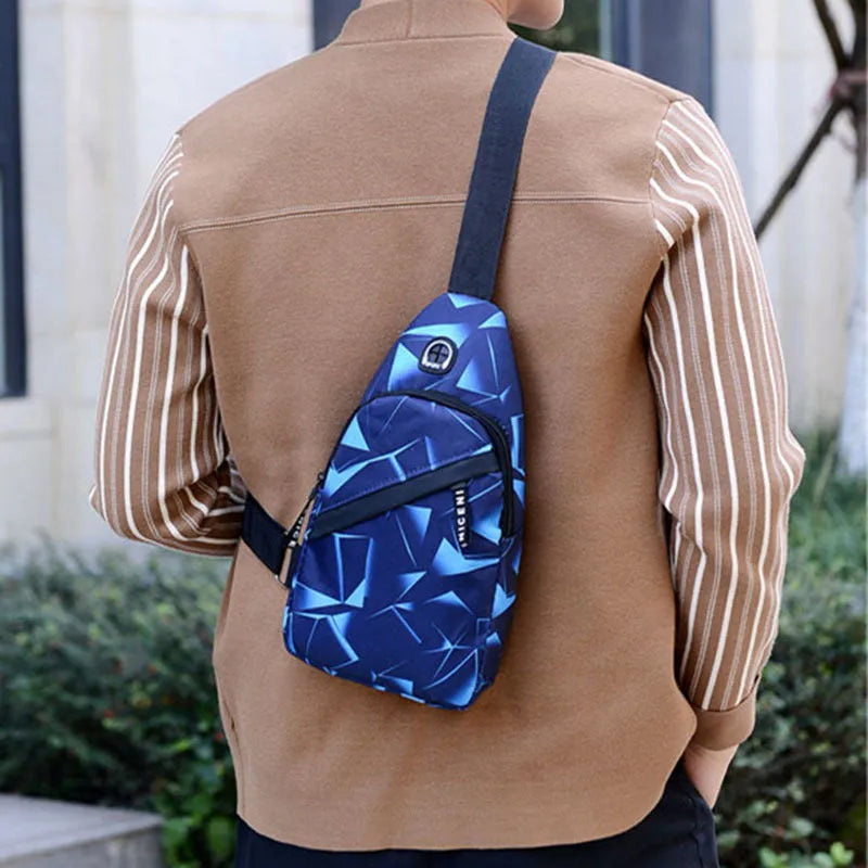 Men's crossbody sling bag with earphone hole in Oxford cloth with zip pockets