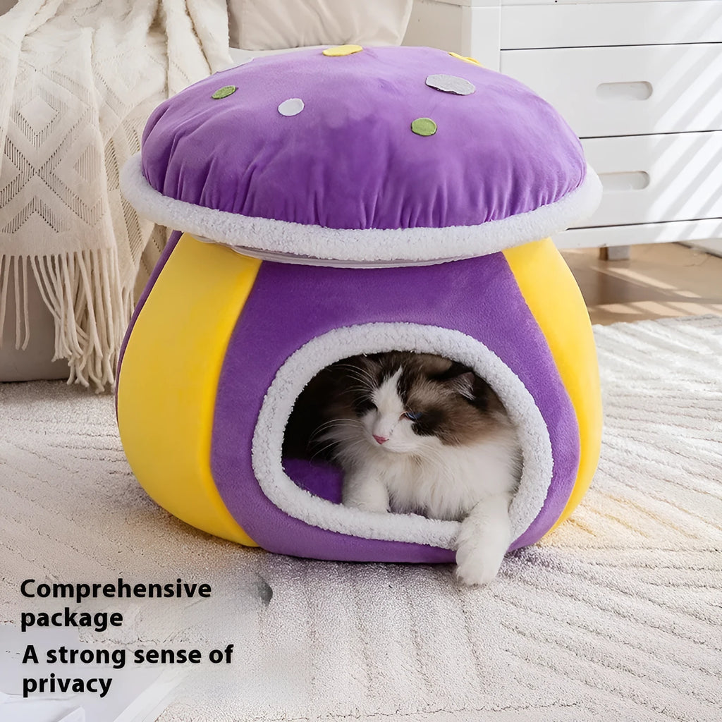Mushroom-shaped plush cat bed in grey, pink, or purple colours with thermal construction