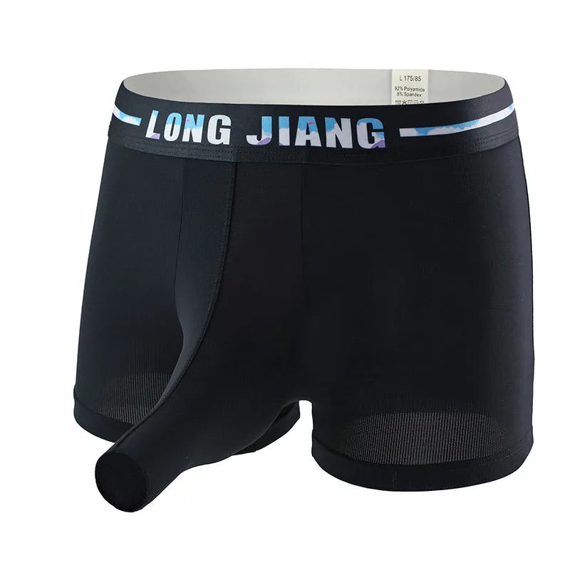 Men's ice silk boxer shorts in a solid colour showing the trunk open design and mid waist fit.