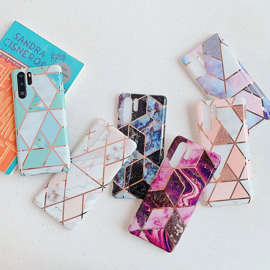 Electroplated marble patterned TPU back cover case for Huawei and Samsung smartphones.