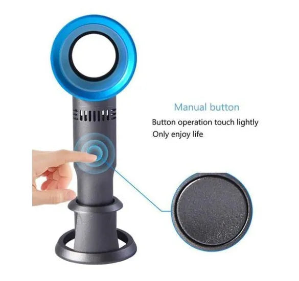 Compact portable bladeless fan in chosen colour on its base, with USB cable for charging.