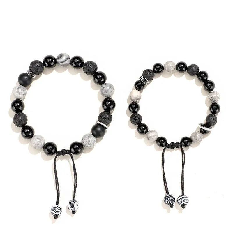 Black agate map stone and volcanic rock bracelet with diamond cut beads in 8mm and 10mm sizes