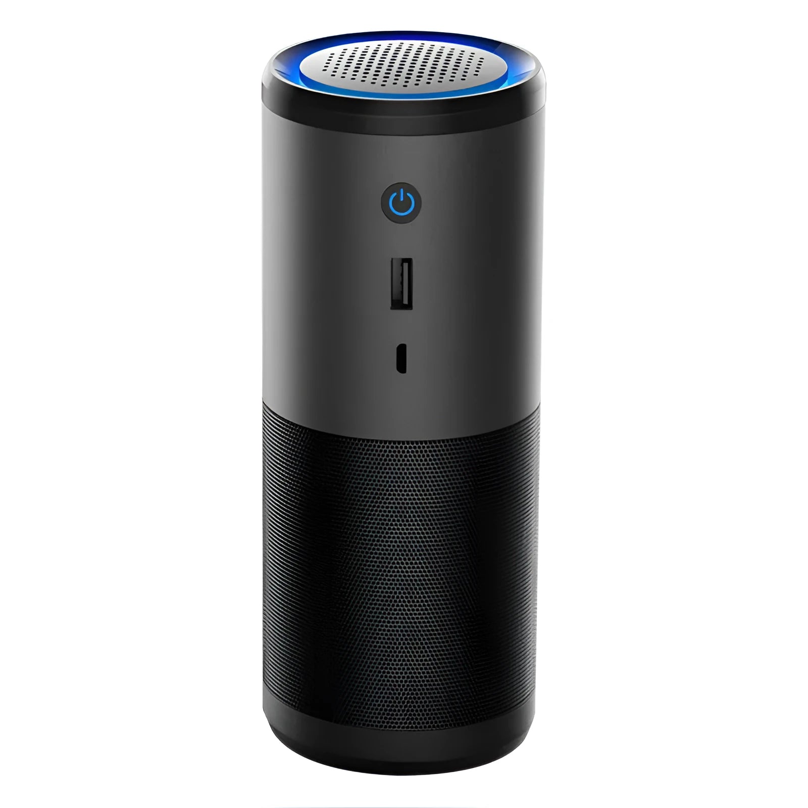 Black portable mini car air purifier with USB cable next to a car cup holder.