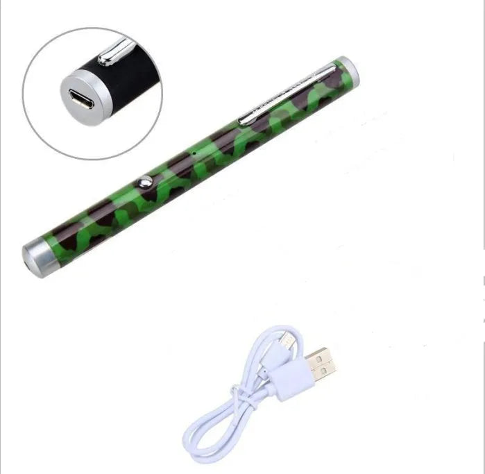 Green laser pointer pen with metal body in black, camouflage, or white.