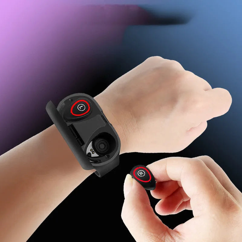Smart bracelet earphone combo in silicone wristband with 1-inch screen, shown in black, blue, and red.