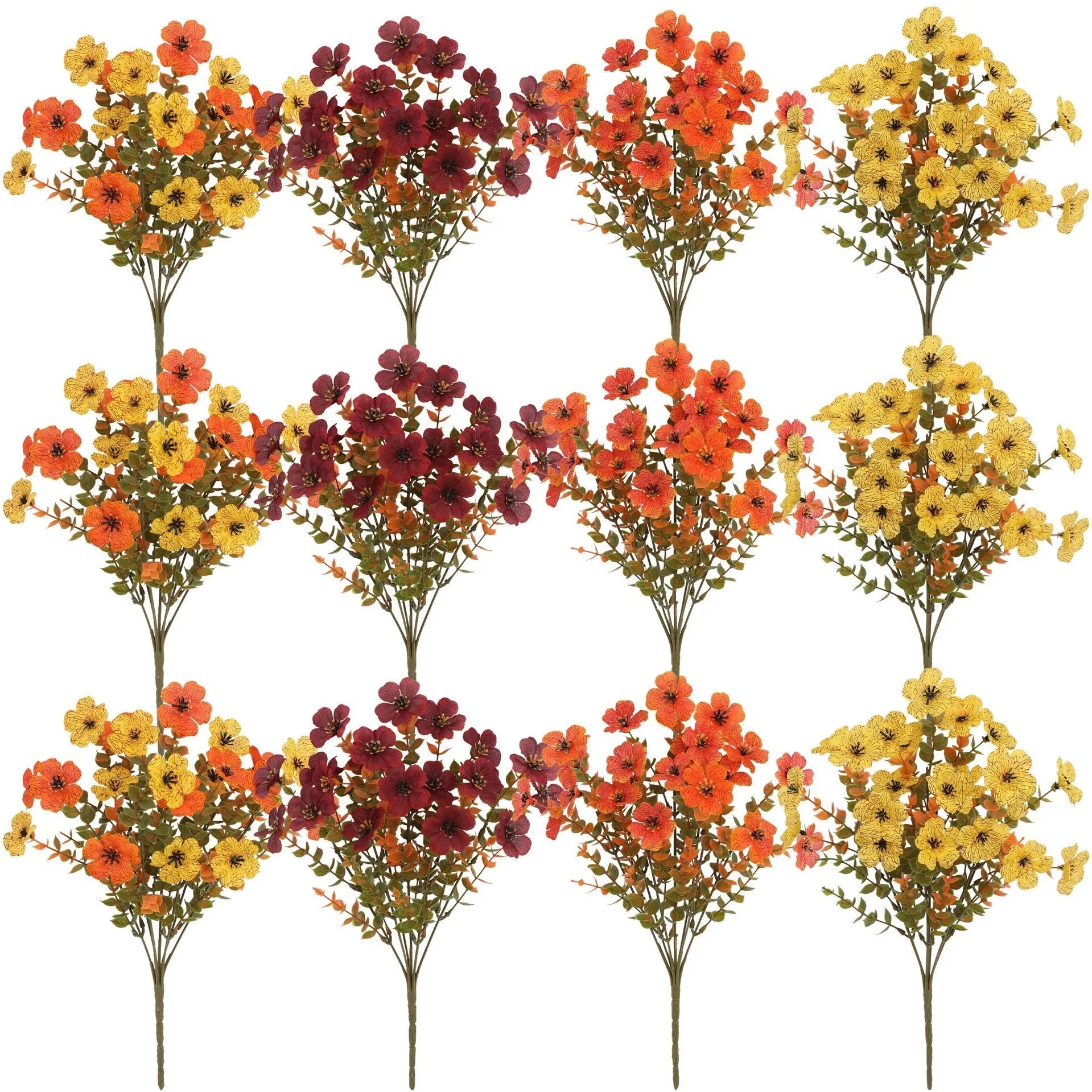Artificial flower bouquet in autumn orange, red, and yellow colours for home or wedding decoration.