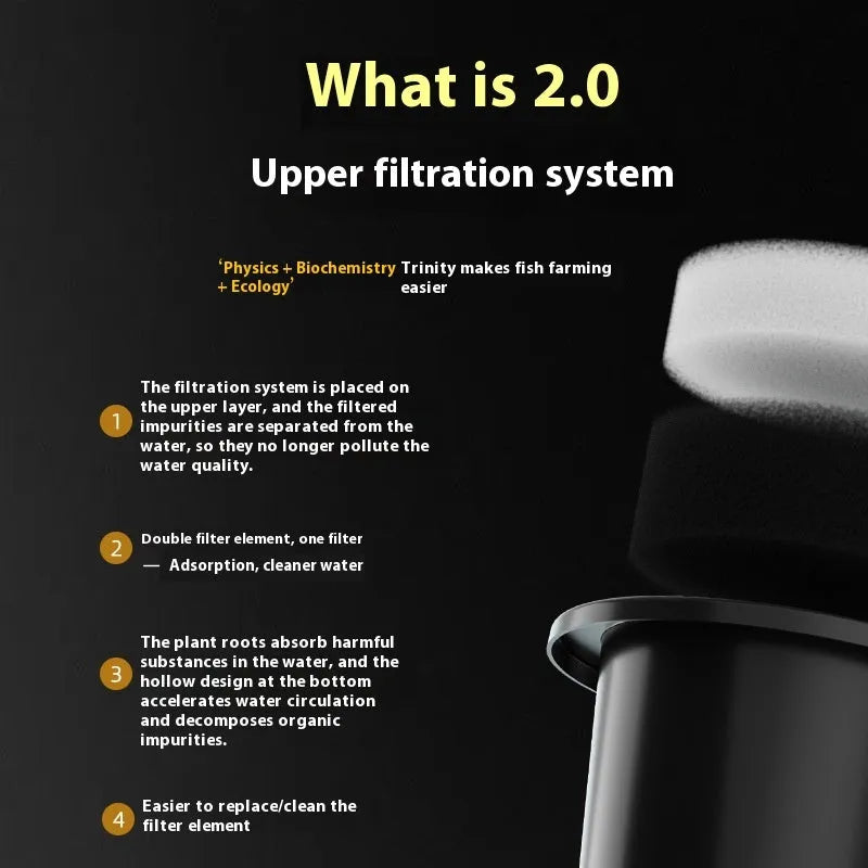 Desktop ecological fish tank in luxury black with integrated landscape filter and oxygenator.