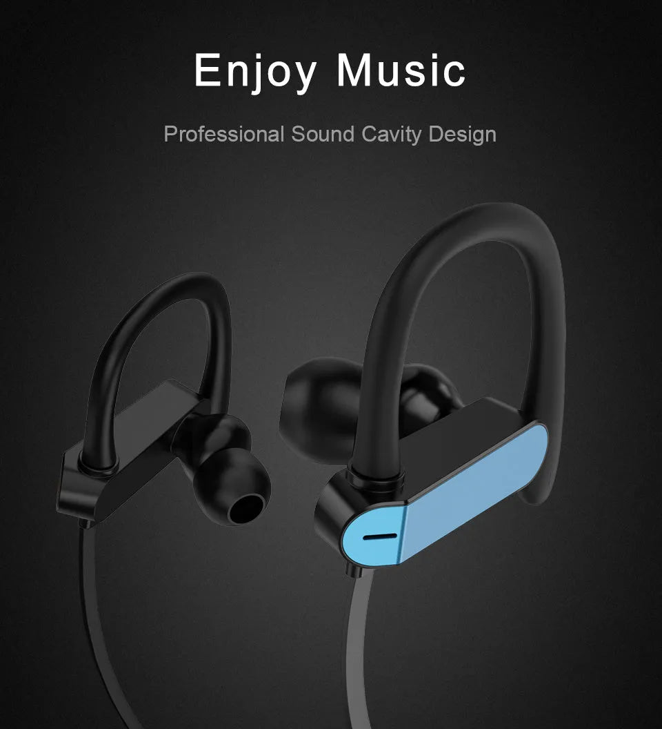 PTM TS27 sport ear hooks with microphone in black and blue, showing flexible over-ear design and silicone earbud covers.